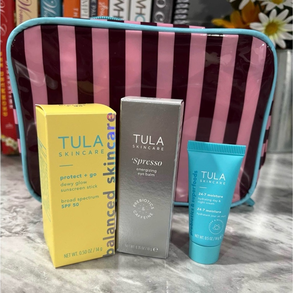 Brand New TULA Skincare Set with Pink Stripe Cosmetic Bag